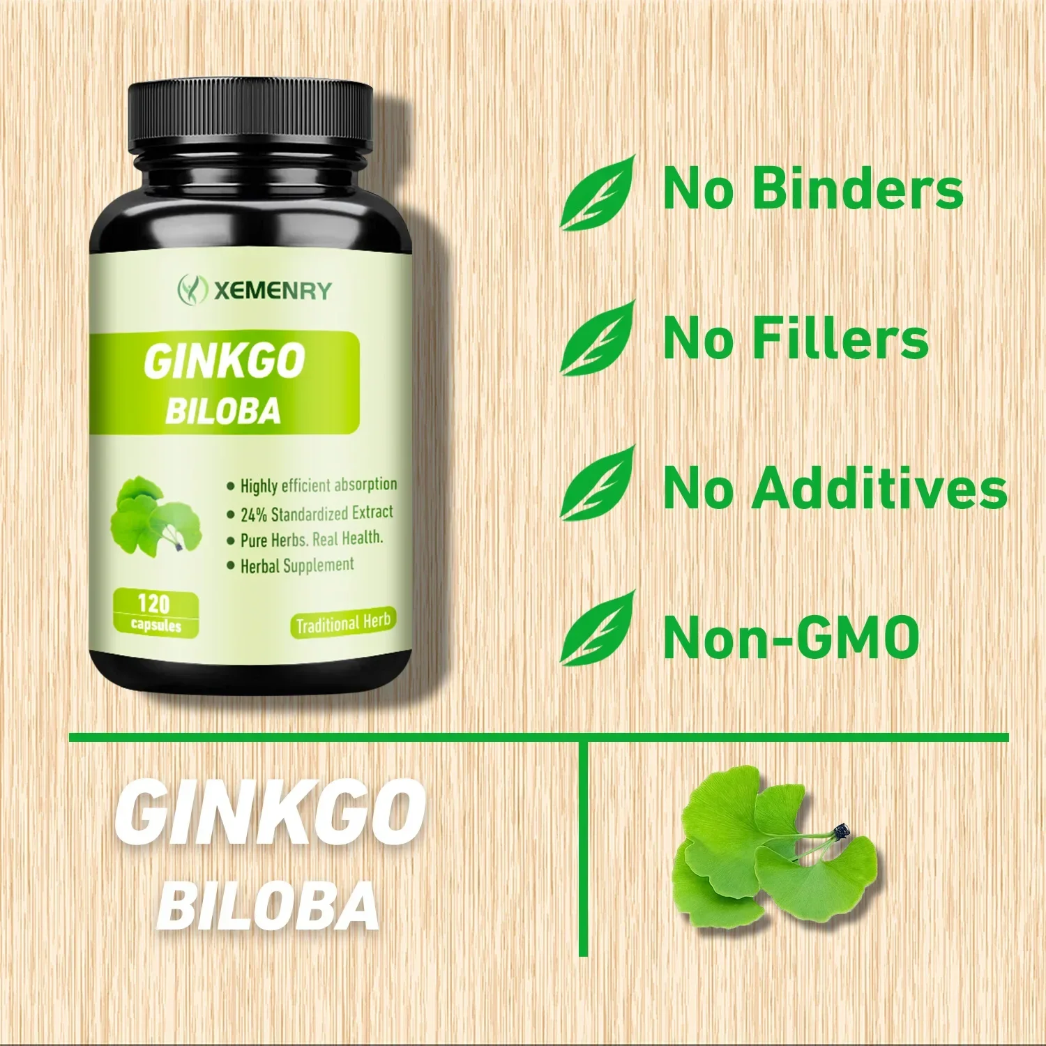 Ginkgo Biloba - Brain Health,  Memory Support, Concentration, Help Keeps Alert and Sharp, Non-GMO