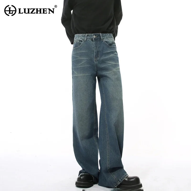 LUZHEN Men Washed Pattern Wide Leg Grinding White Jeans Unisex Versatile Trendy Denim Pants Straight Clothes Streetwear LZ8103