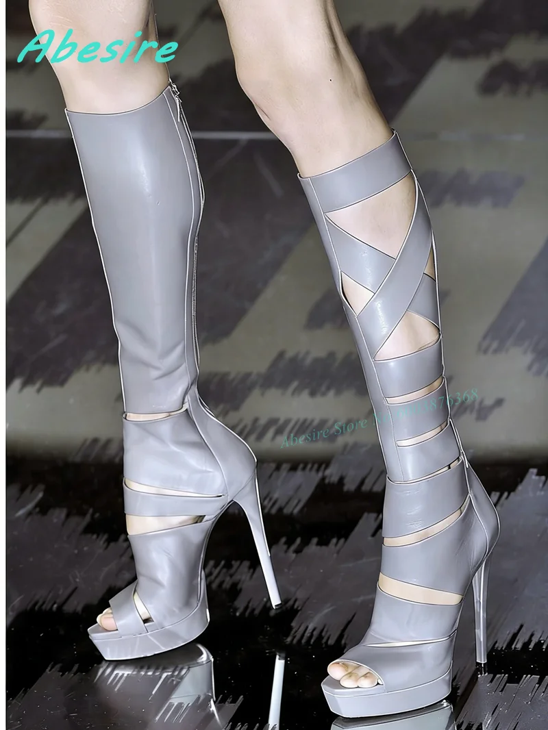 Cross Tied Hollow Out Leather  - Knee High Boots Women review and price