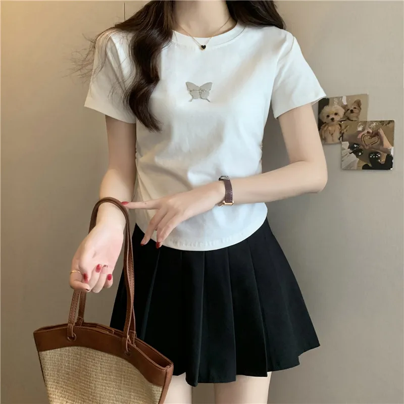 

Summer Shoulder Butterfly Spicy Girl with Irregular Fold Design Short sleeved T-shirt for Women