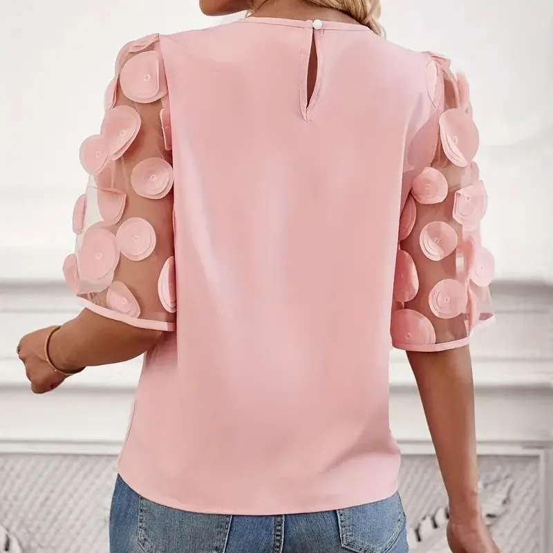 2024 Round Necked Hollow Short Sleeved Shirt Top Casual Lace Patchwork Top Office Lady Elegant Mesh Splicing Blouse Tops Femme