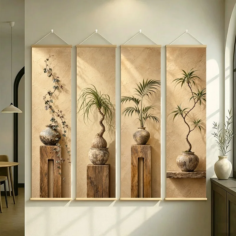 Wall Art String of Hearts and Ponytail Palm, Serene Wabi-Sabi Botanical Silver Shimmer Canvas Hanging Scroll for Spa Room