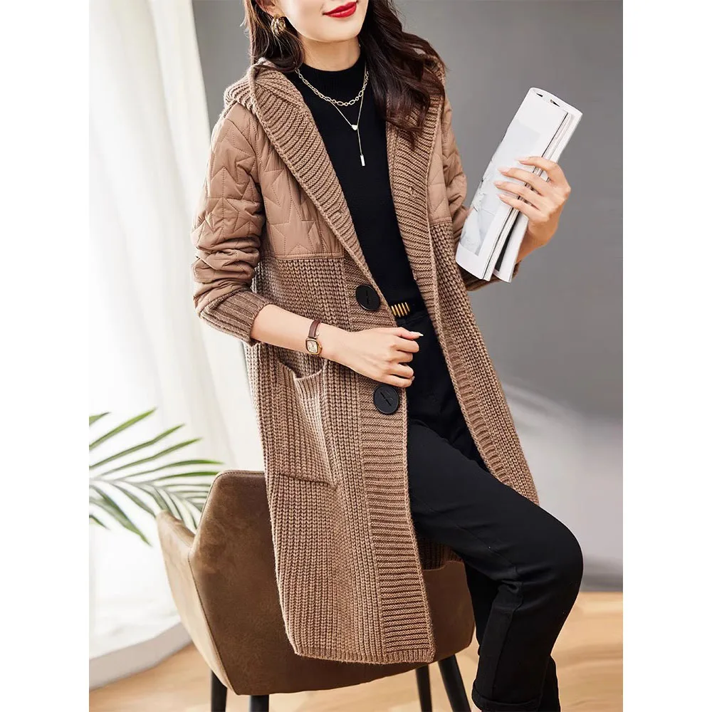 Long Patchwork Thicken Quilted Sweater Jacket For Women Autumn Winter Wool Sweater Coat Female Korean Loose Hooded Knit Cardigan