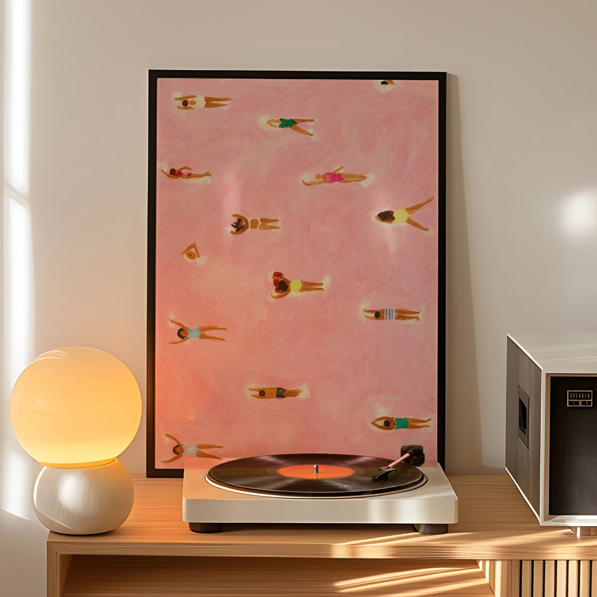 Minimalist Tiny Swimmers At Pool Pink Beach Wall Art Print Canvas Painting Poster Picture For Living Room,Bedroom Home Decor