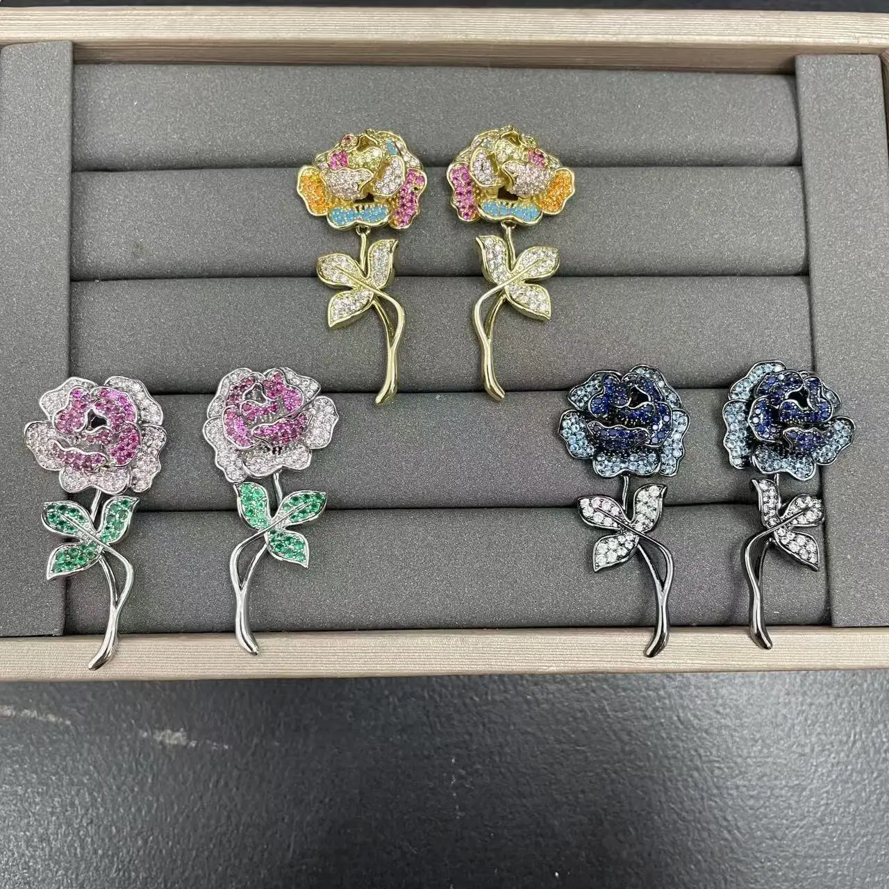sparkly-cubic-zirconia-flower-dangle-earrings-for-women-statement-jewelry-silver-gold-plated-pink-blue-yellow-zircon-floral