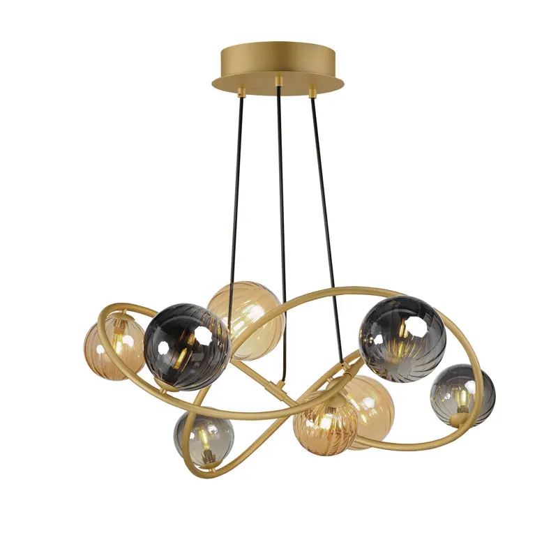 Chic Modern Art Deco Gold Metal Ribbed Glass Globe Pendant Light with Amber Smoky Shades for Living Dining Decor