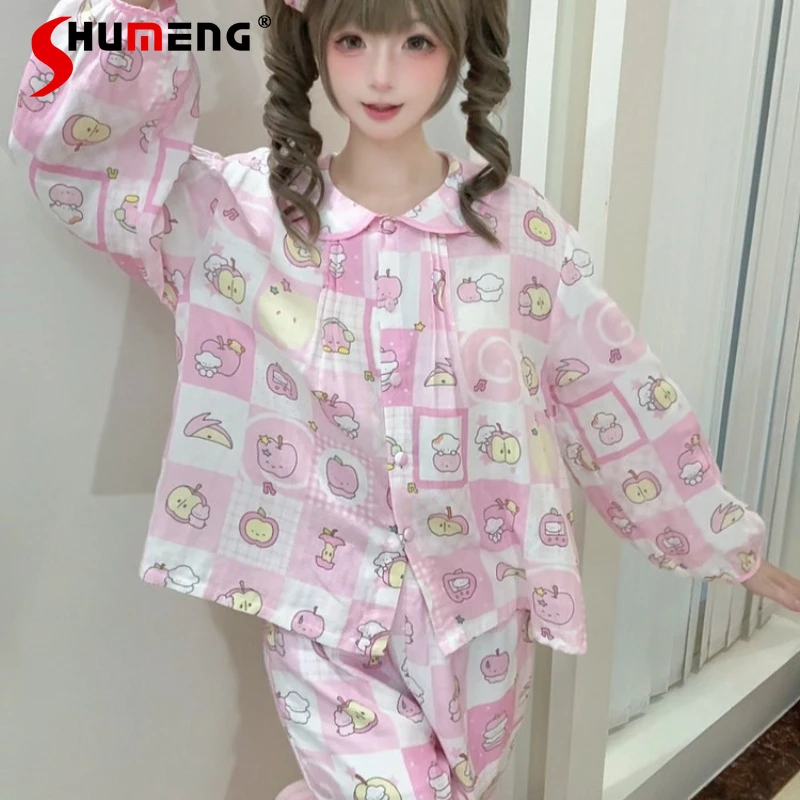 

Оригинальные милые пижамы с кукольным воротником и длинными рукавами, женские весенне-осенние комплекты домашней одежды, женские милые костюмы для сна в японском стиле