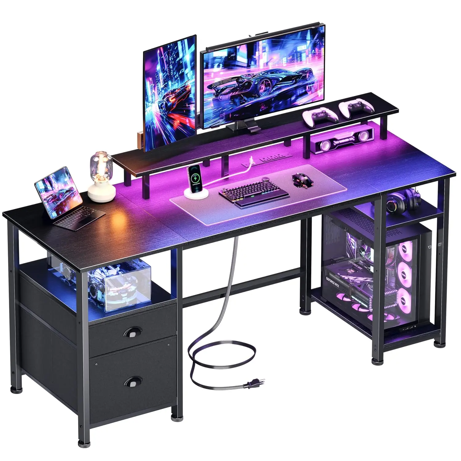 

Игровой стол 61 дюйм с розетками, LED-подсветкой, реверсивным файловым шкафом, подставкой для монитора, полками для хранения, для домашнего офиса, на заказ