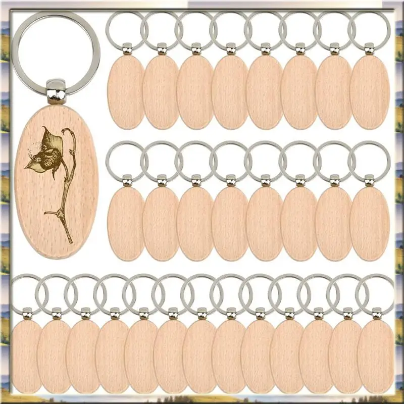 DHDL 30PCS Oval Wooden Keychain Blanks Unfinished Wood Keychain Blank Key Ring Key Tag Wood Engraving Blank Keychains