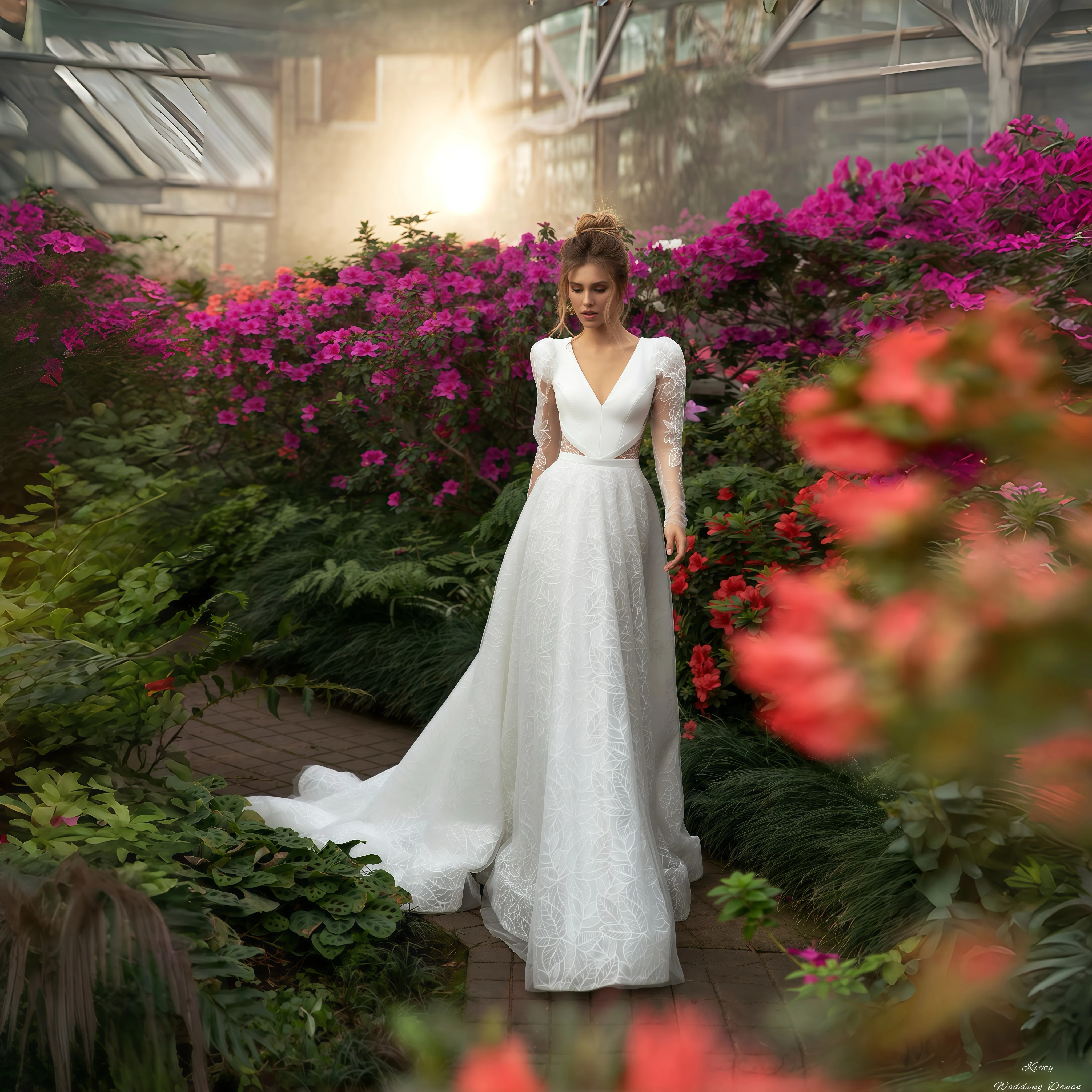 

Kitty Customized Romantic Wedding Dress V-Neck Puff Lace Long Sleeves Deep V Back Leaf Pattern Tulle A-Line Train Bridal Gown