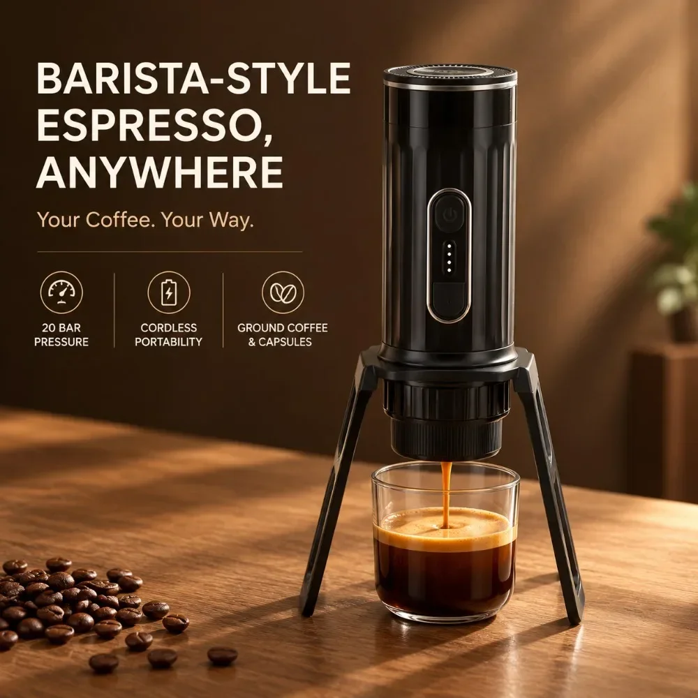 Wireless Portable Espresso Coffee Maker 20 Bar Cordless Coffee Machine 2 in 1 Ground Coffee Capsule USB Rechargeable for Travel