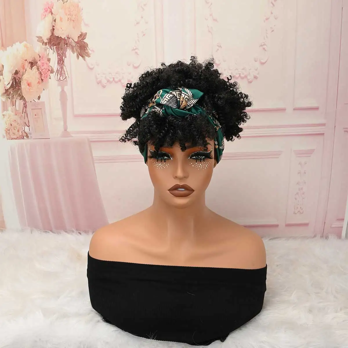 Retro Printed Green Turban Kinky Curly Headband Wig Heat‑Resistant Synthetic Glueless Wear‑and‑Go Short Afro Curls Wig for Women