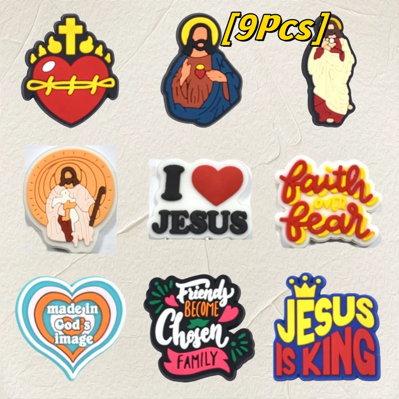 9/20PcsSet Cartoon Jesus Shoe Charm PVC God Is My Refuge Fashion Accessories DIY Button Belief Hole Slipper Wristband Decor