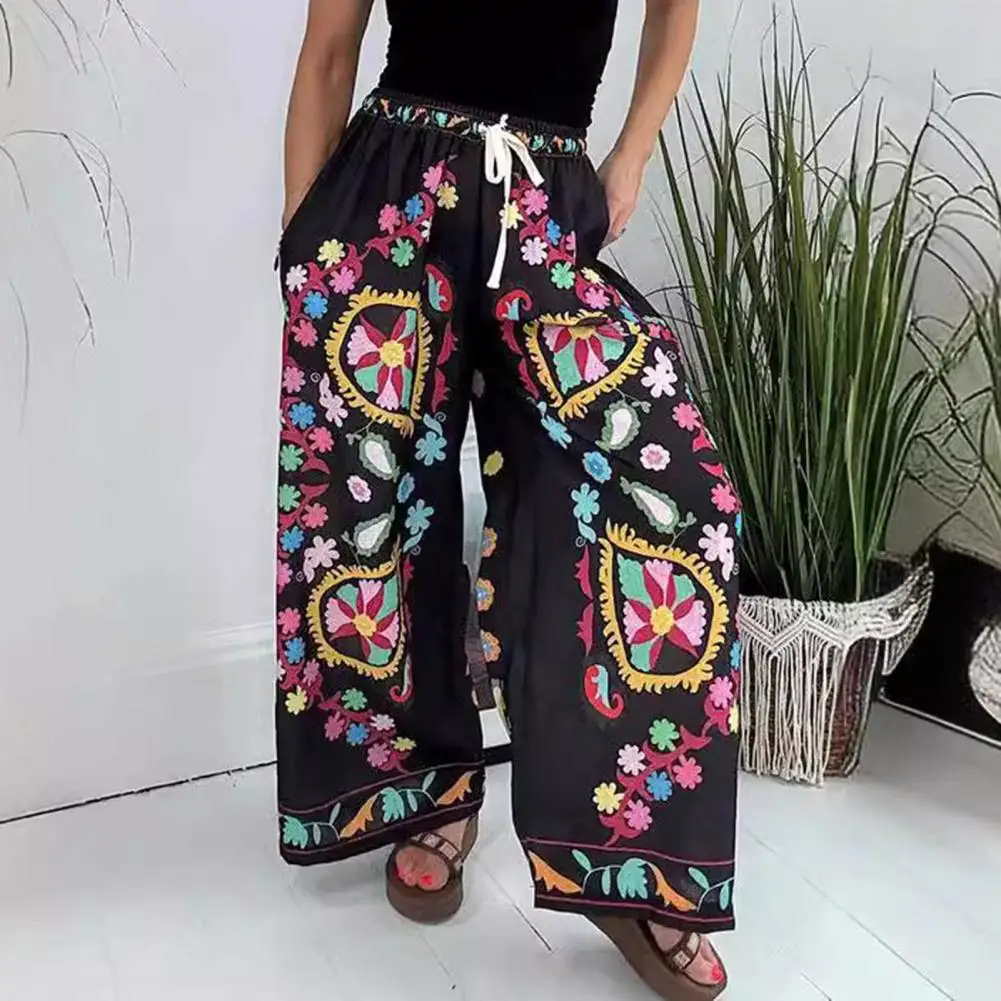 

Colorful Patterned Pants Exaggerated Printed Design Wide-leg Trousers Women's Elastic Waist Pants with Pockets Imitation Denim