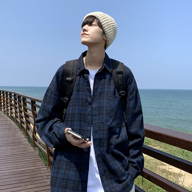 Retro American Plaid Long Sleeve Shirt for Men Korean Style Base Layer Outerwear Couple Jacket Autumn Season Youth Fashion