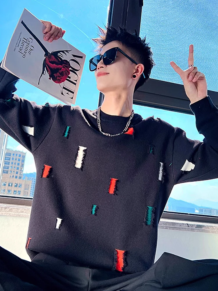 

Мужской зимний вязаный свитер с круглым вырезом, повседневный, с рваным дизайном, Haome Base, с длинным рукавом, свободного кроя, модный