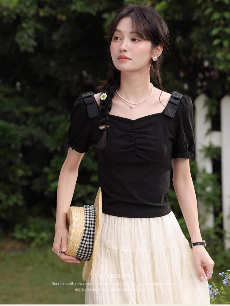 

ALXNAN Black T-shirt Elegant Square Collar Puff Sleeve Short Cotton T-shirt 2025 Summer Slim-fit Casual Short Sleeve Tops L55895