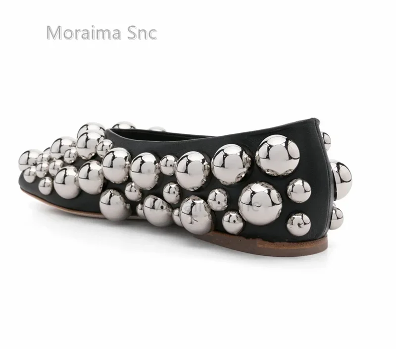 Metallic Bubble Beads Ballet Flats Women Black Leather Slip On Soft Designer Style Customize Square Toe Women Casual Shoes