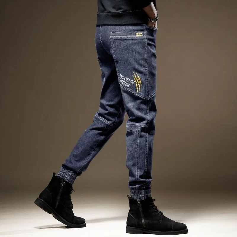 Spring Autumn Casual Pants Multi-Pockets Elastic Designer Denim Male 2023 Streetwear FASHION Splice Black Jeans Slim Fit Trouser