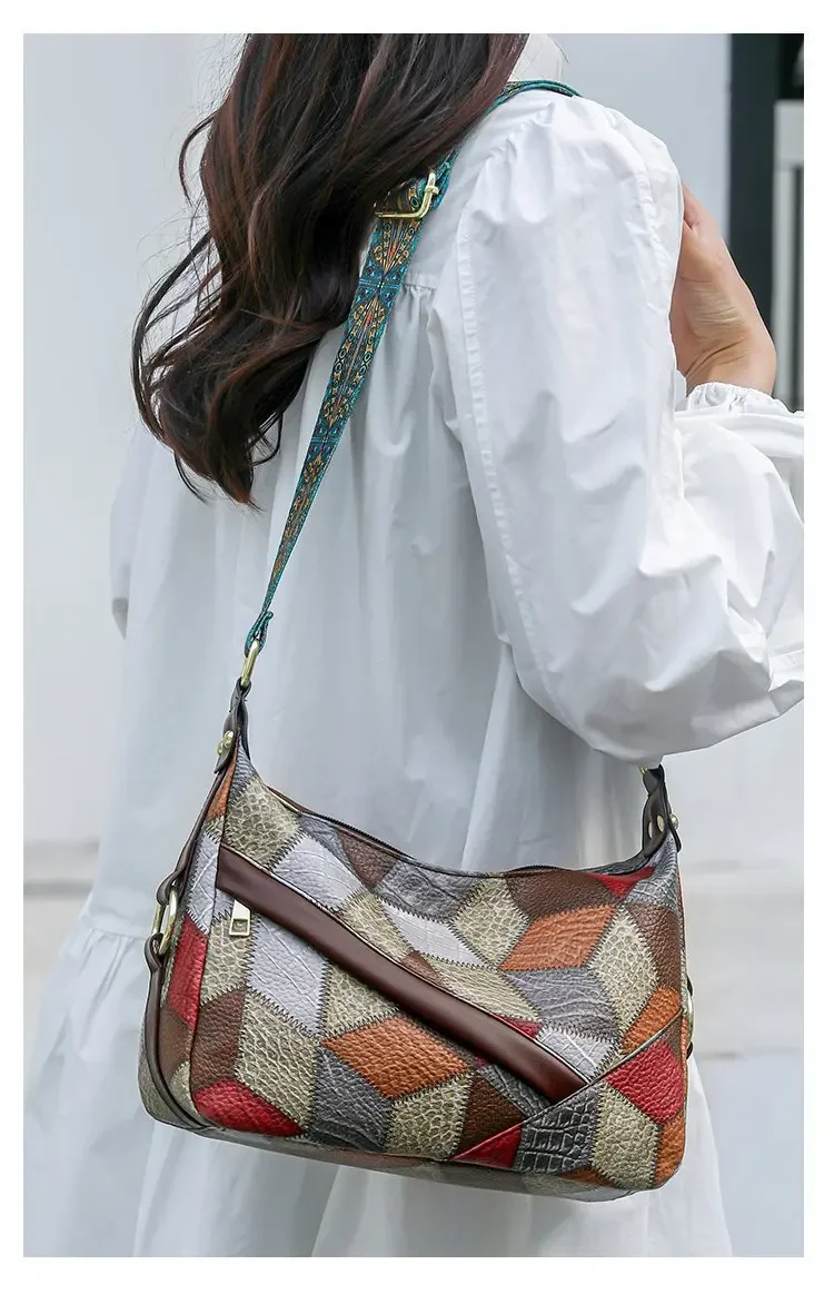 Bolso cruzado Retro de un solo hombro para mujer, con bloqueo de Color y gran capacidad, de cuero suave