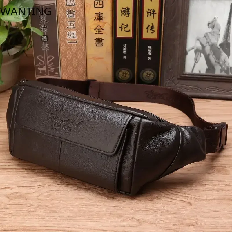

Real Cowhide Men Waist Bags Bum Sling Chest Pack Casual Pocket Shoulder Pouch Male Genuine Leather Loop Hip Belt Fanny Bag