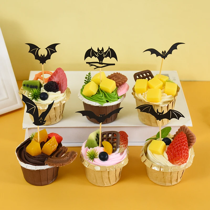 12Pcs Halloween Bat Cupcake Toppers Black Bat Cake Flags Decor Halloween Birthday Party Cake Decoration Baking Supplies