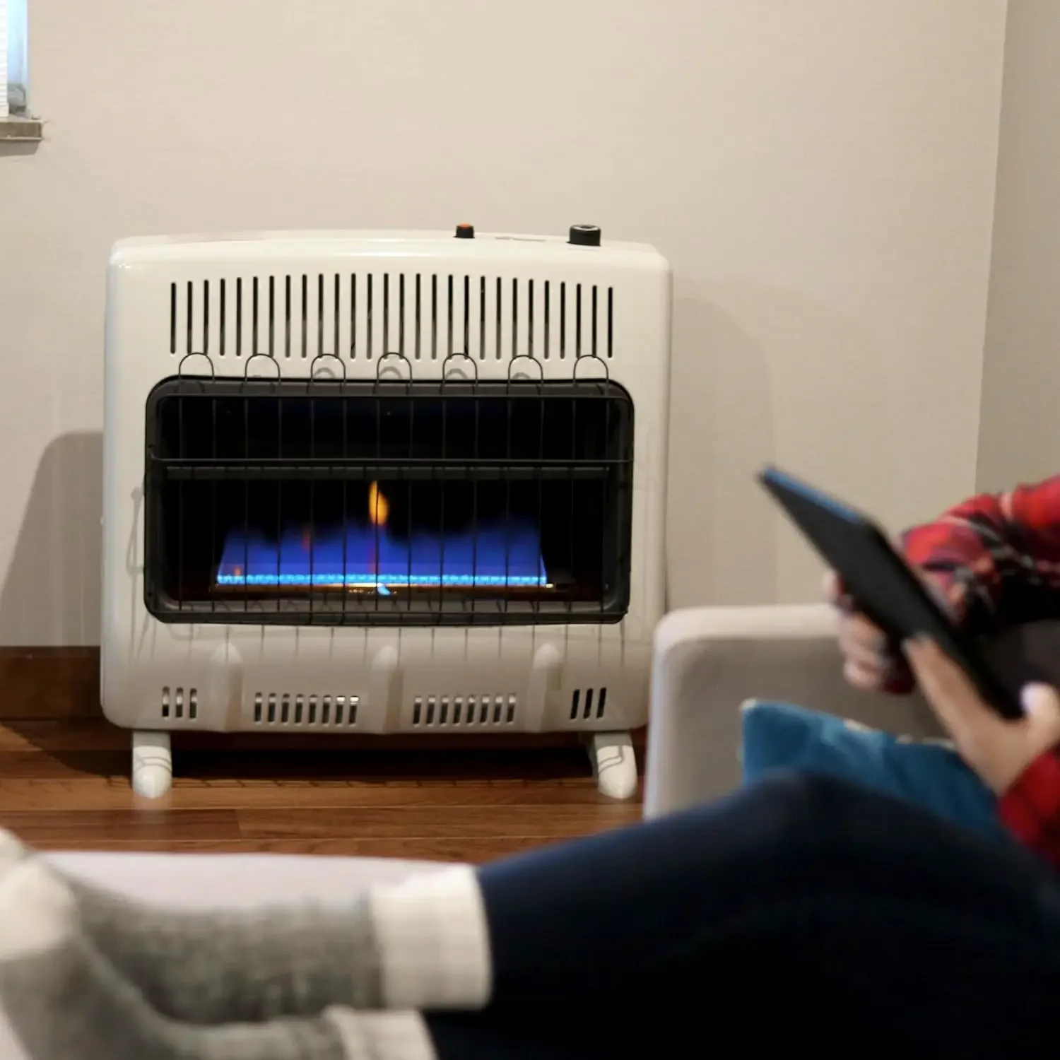 F299730 30,000 BTU Blue Flame Vent Free Propane Heater For Cold Rooms, Additions, Sun Rooms Cabins & Garage - White