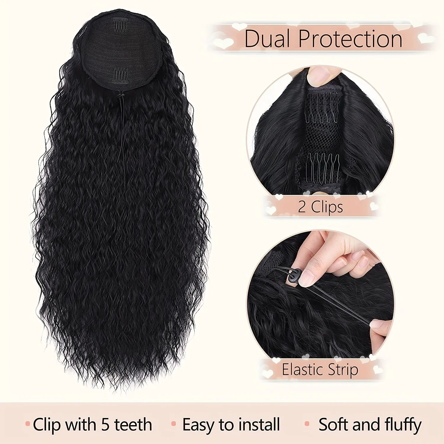 Extensión de cola de caballo rizada para mujeres negras, extensiones de cabello de cola de caballo falsa ondulada larga, 22 pulgadas