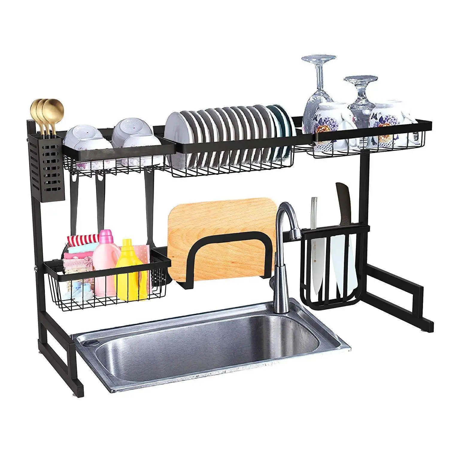 

Stainless Steel 35" x 12.2" x 20.4" Kitchen Supplies Black Dish Drying Rack Storage Shelf Drainer Organizer Over The Sink