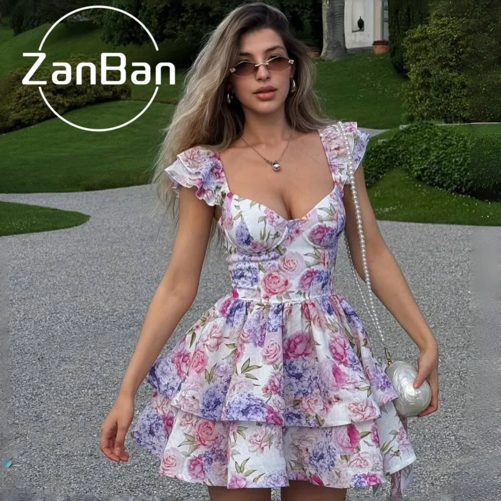 ZanBan Modern Mini Prom Dress flutter sleeve printing Woman Elegant Party Wedding Corset Back Short Birthday Dress Customized