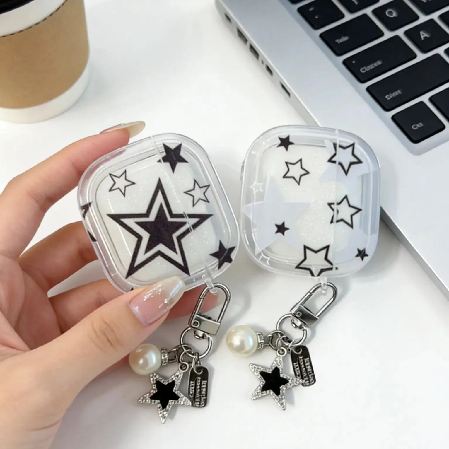 Trendy Black & White Star Transparent Earphone Case –  Cover with Pearl Star Keychain Accessory for AirPods 1/2/ - view 2