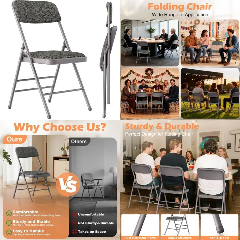 

Padded Fabric Cushion Folding Chair - 16x16, Double-Hinged Legs, Max 330 lbs Capacity for Home, Office, and Outdoor Events (2-Pa