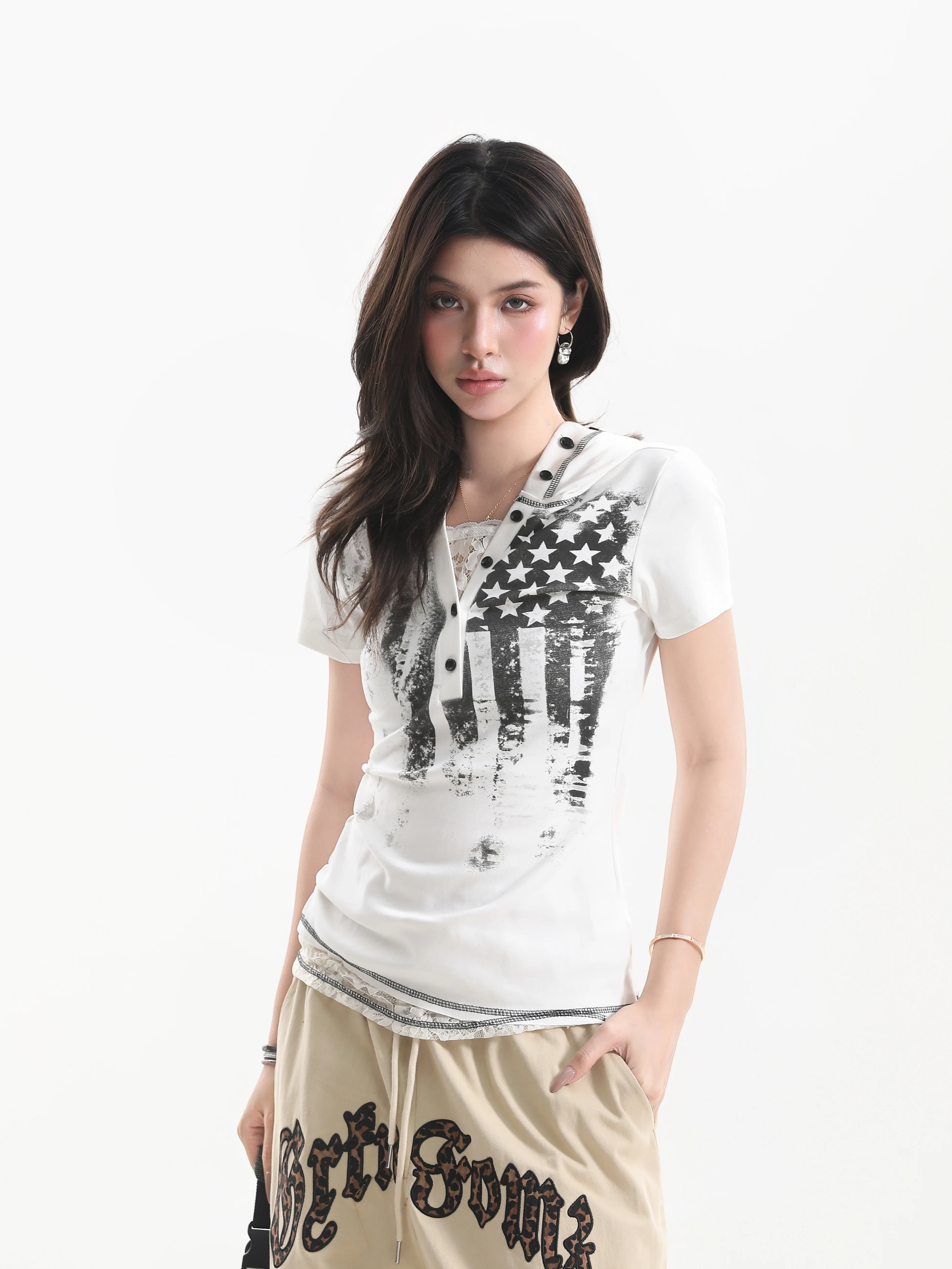 

American Style Star Spangled Hat T-Shirt Women Summer Short Sleeve V-Neck Slimming Sexy Girl Casual Style Fashion Top