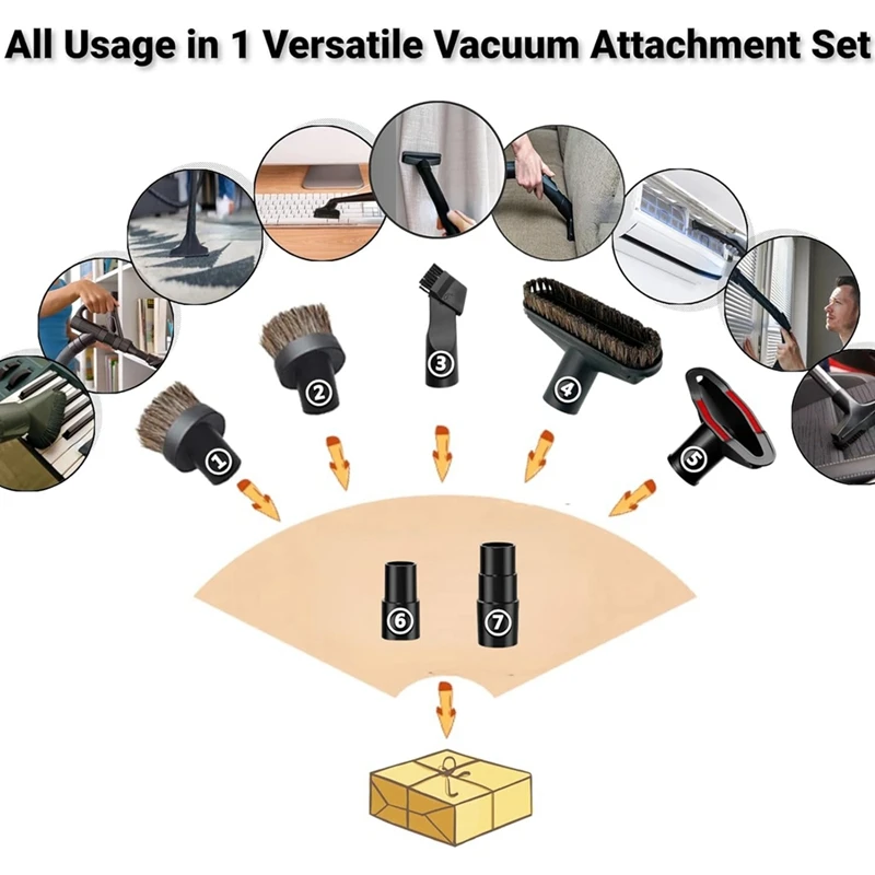 진공 브러시 부착 및 어댑터, 부드러운 말털 라운드 브러시, 진공 바닥 브러시, 실내 장식 도구, 쉬운 설치, 1.25 인치, 7 개