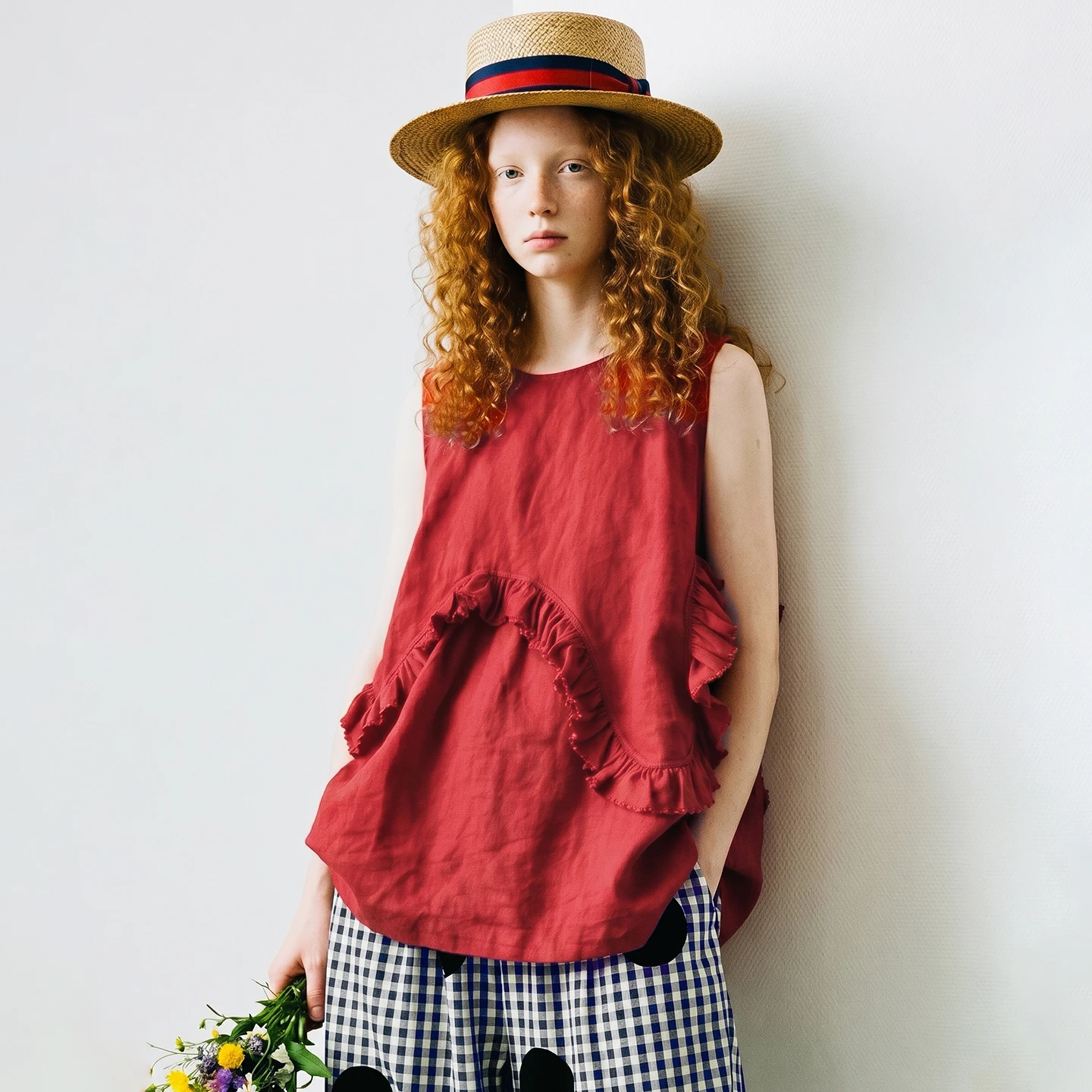 

imakokoni summer original niche artistic linen red sleeveless casual shirt wave ruffle edge loose top for women 265492