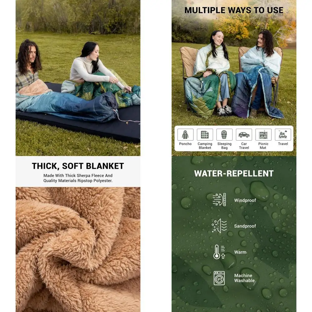 

Компактное одеяло-плед с подкладкой из шерпы, складное носимое одеяло для путешествий на природе, зеленое (79x57)