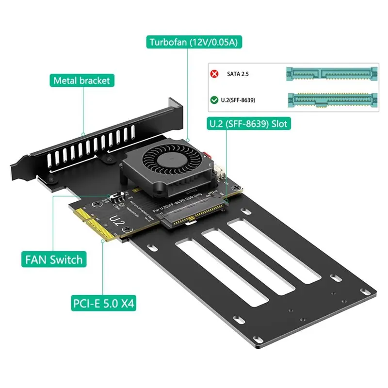 Pcie 5.0 X4 Nvme SSD Adapter Card With Cooling Fan To U. 2(SFF-8639) For Desktop For Desktop Server