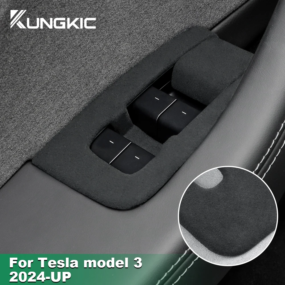 KUNGKIC Italian Top Suede 4pcs Window Lifter Switch Control Panel Sticker for Tesla Model 3 Highland 2024-Up LHD Car Accessories