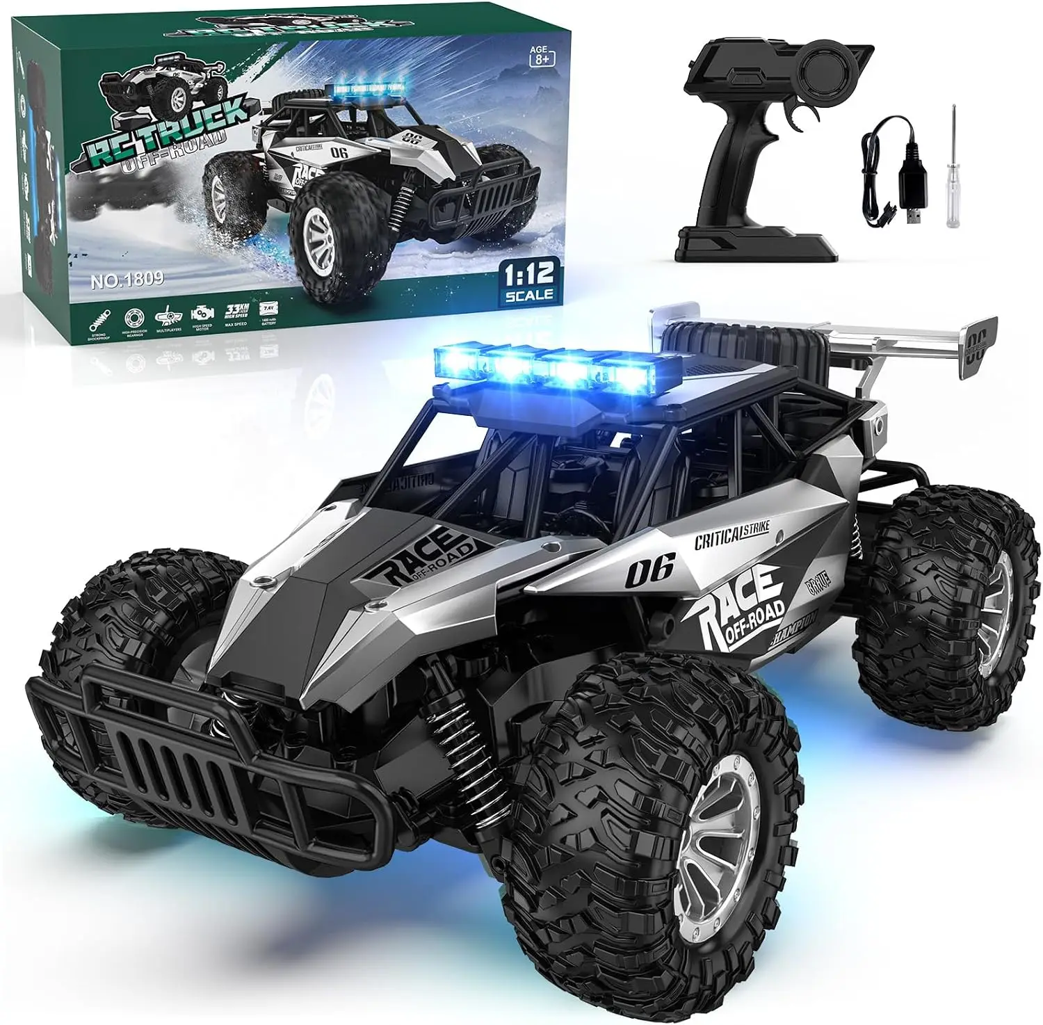 2.4GHz Remote Control Car, 33KM/H High Speed 1:12 Monster RC Truck, Off-Road with LED Headlight, Rechargeable Battery, Gift Toy for Adults and Boys 8-12