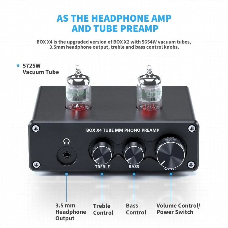 Box X4 Phono Preamp with JAN 5725W Vacuum Tubes for MM Turntable Phonograph Record Player with Volume Bass Treble