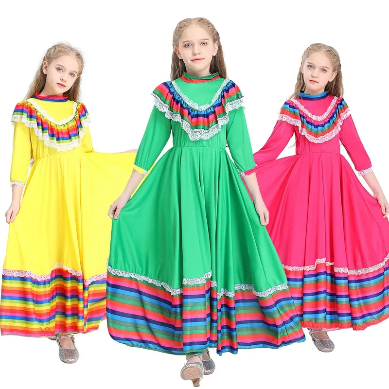 할로윈과 크리스마스 파티에 적합한 어린이 공연 의상용 시드니 소녀 멕시코 스타일의 긴 민족 댄스 스커트
