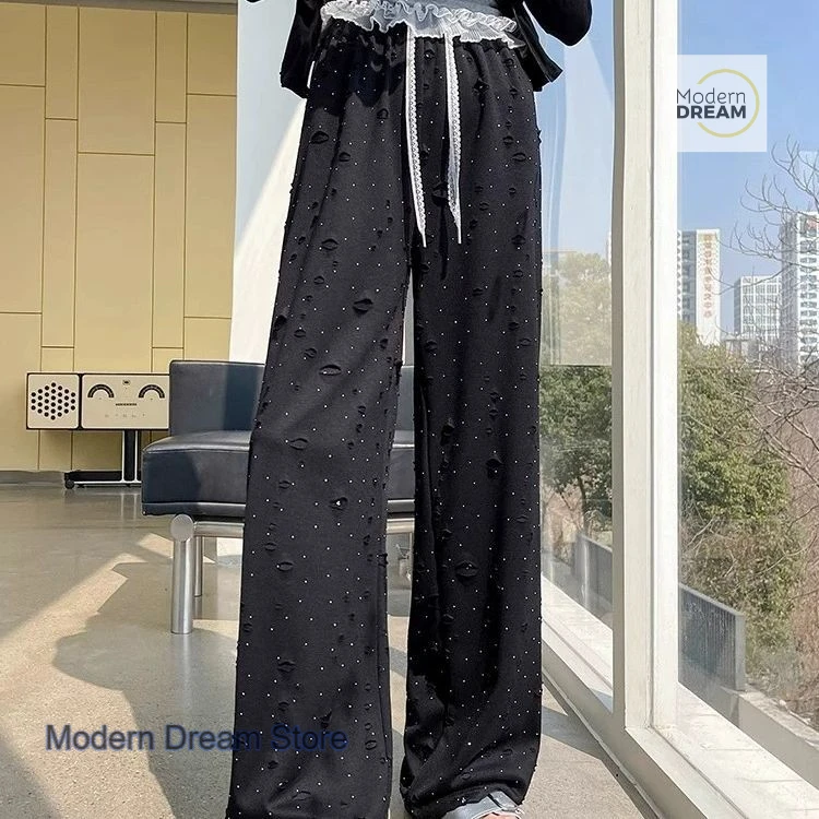 French style fashion design high waist drawstring hole wide-leg pants women's summer new casual style loose straight pants