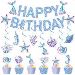 Happy Birthday Mermaid Party Decoration Supplies Starfish Shell Banner Caketopper Paper Glass for Girl Birthday Party Supplies