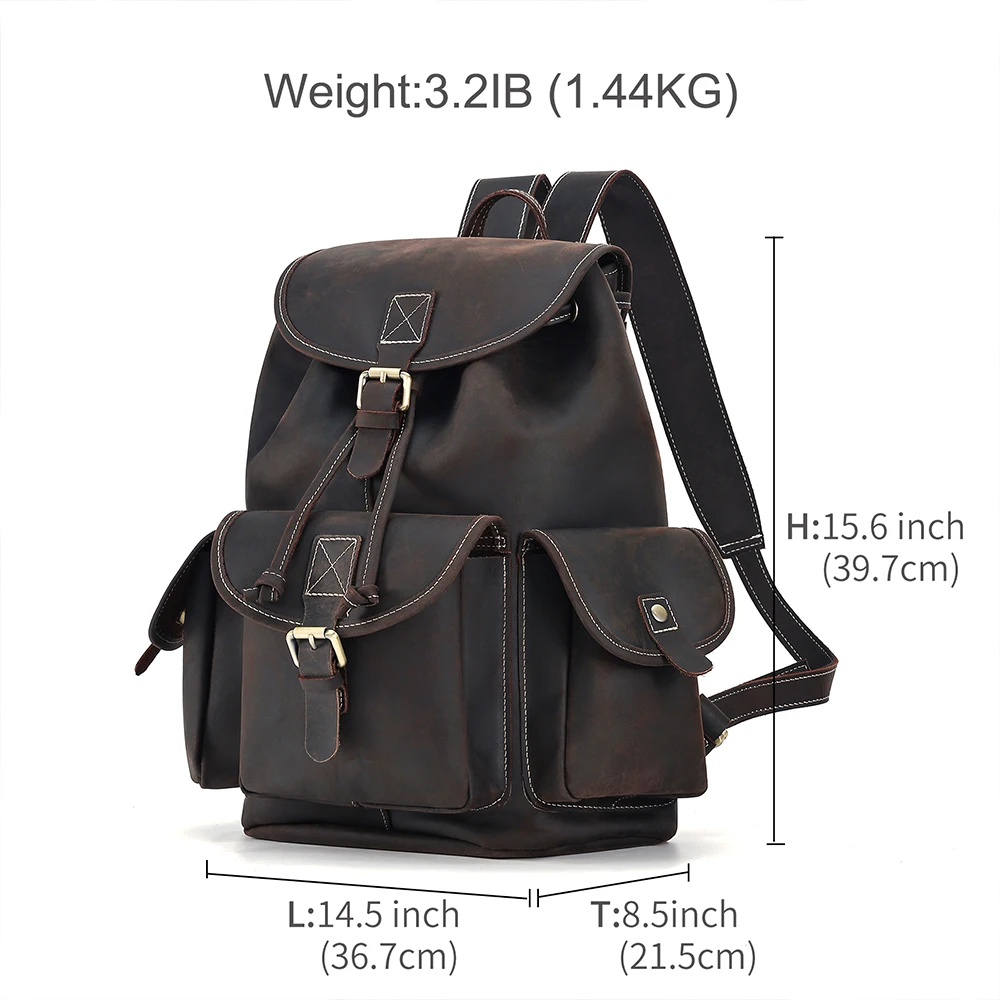 JOYIR Genuine Leather Drawstring Backpack Book Bag Men School Shoulder Bags Vintage Casual Travel Hiking Daypack Rucksack Male