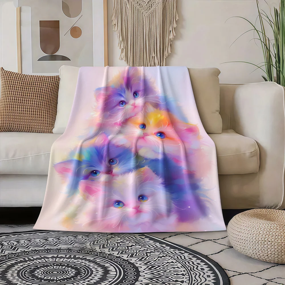 1pc Plush Kitten Flannel Blanket - Pastel Pink, Blue, Purple, Yellow, Green, White & Black with Tabby & Tuxedo Tabby Kittens