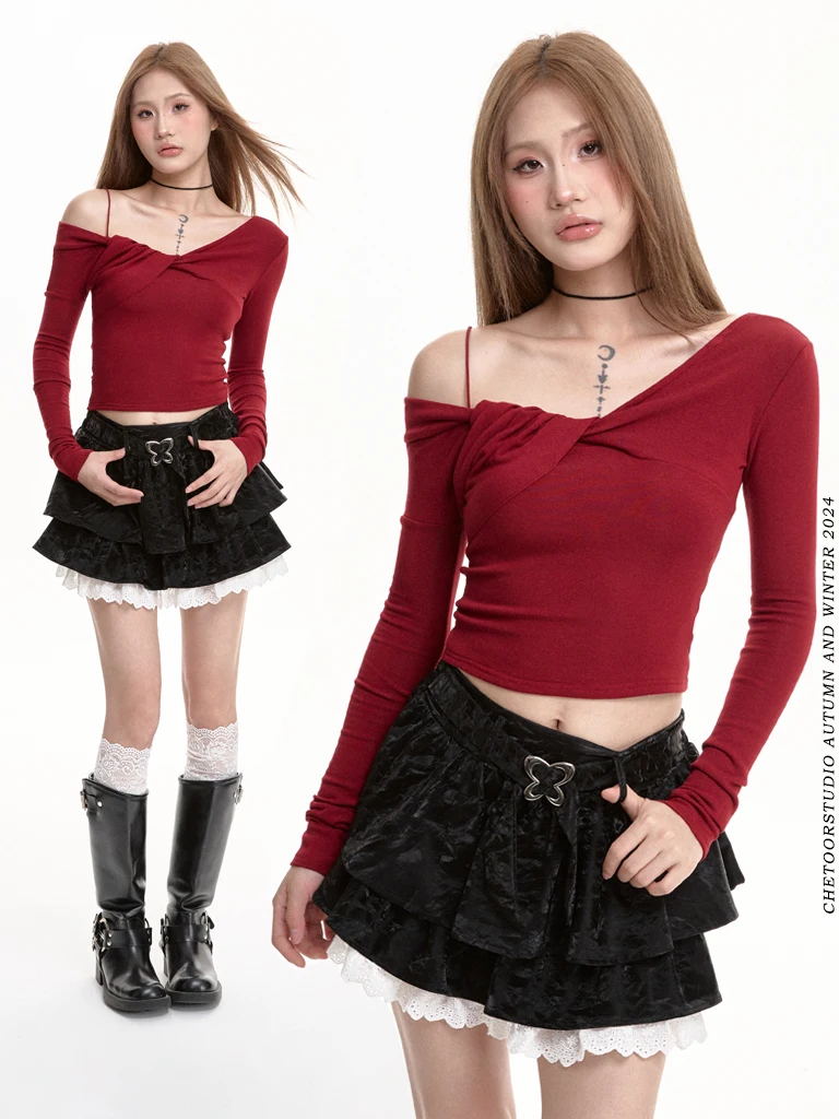 

Red Wine Color Long Sve ort T-irt Women's Base Layer irt Sexy Cool Spicy Girl Autumn Winter New Arrival V-ne Top