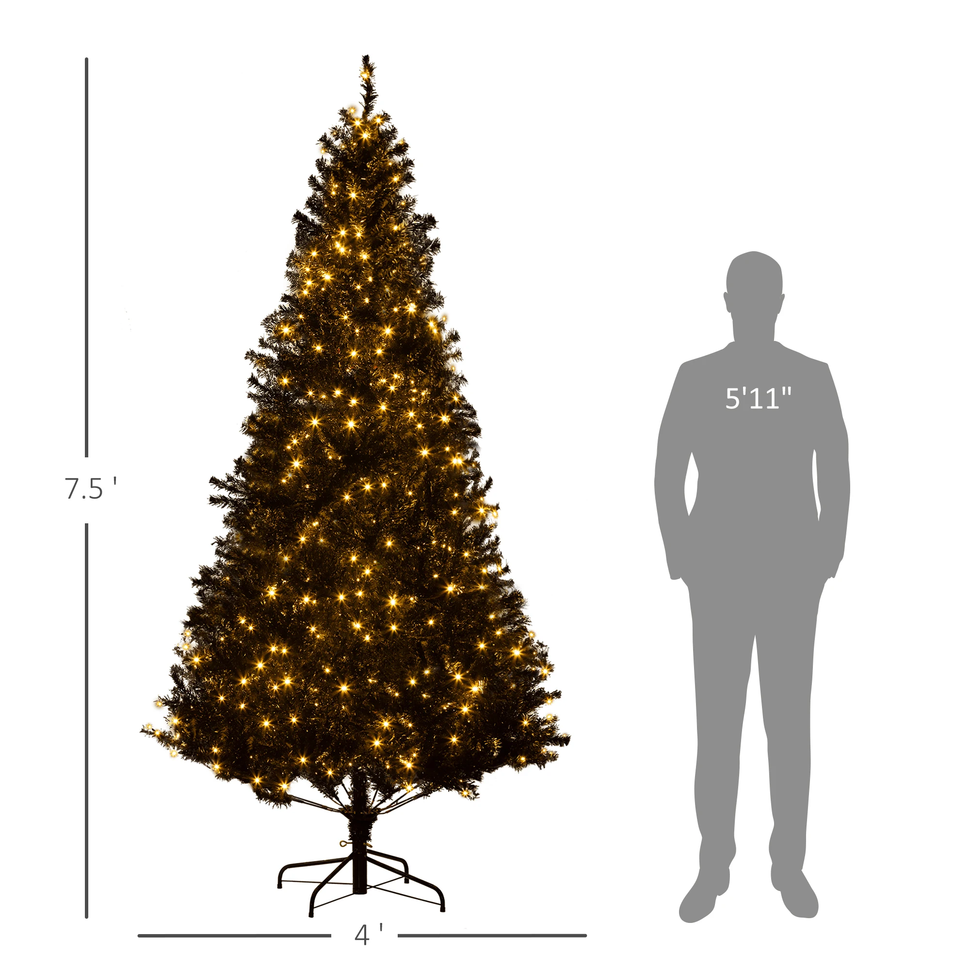 7.5' Prelit Christmas Tree Artificial Xmas Tree Metal Stand Black