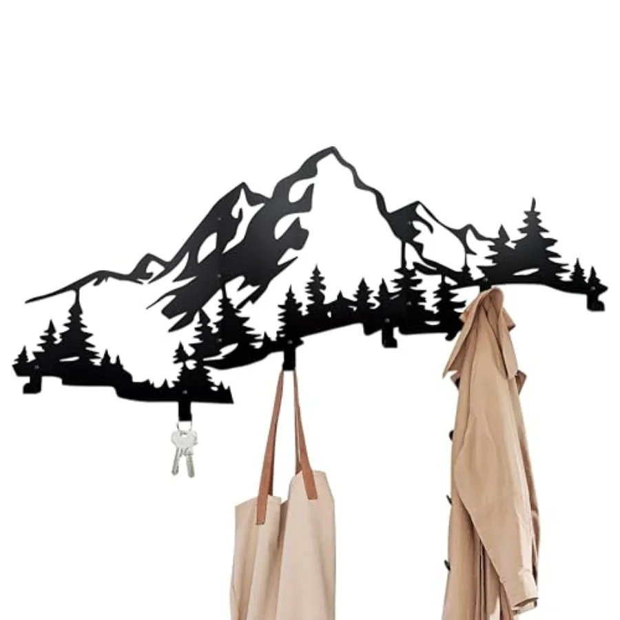 

Mountain Forest Wall Art with Coat Hooks - 40" Large Horizontal Metal Wall Decor for Entryway Rustic Cabin Decor Heavy Duty Far