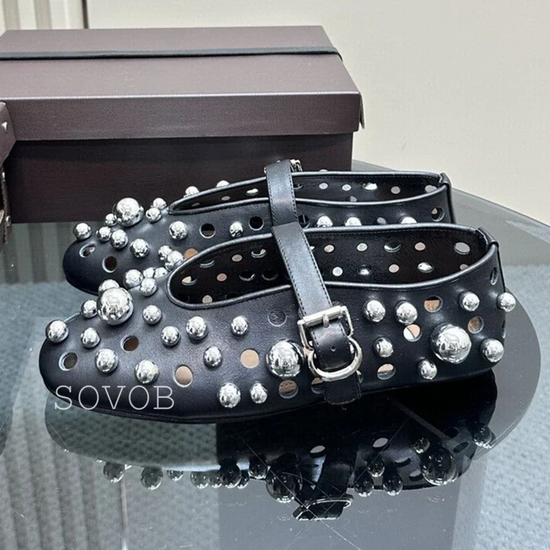 Spring Autumn Genuine Leather Shallow Mouth Metal Bead Decorative Flat Shoes Women's Belt Buckle Breathable Ballet Dance Shoes