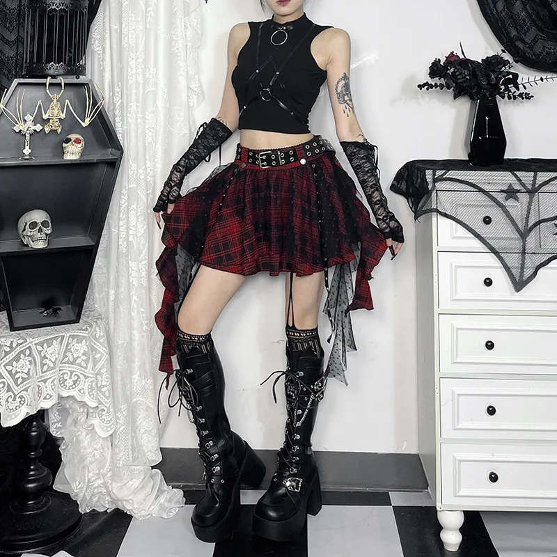 

Gothic Mini Skirts Plaid High Waist Women Skirt 2025 New Y2k Style Harajuku Punk Goth Dark Grunge Streetwear Female Skirts